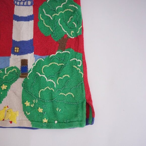Vintage Quacker Factory Red Knit Nautical Lighthouse Cotton Crew Sweater 1X - Picture 2 of 9